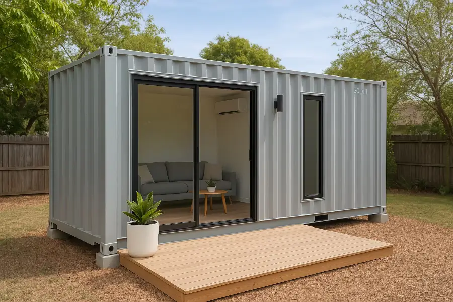 20 foot container ADU in a backyard