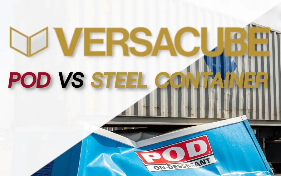 Steel shipping container next to a POD-style storage unit