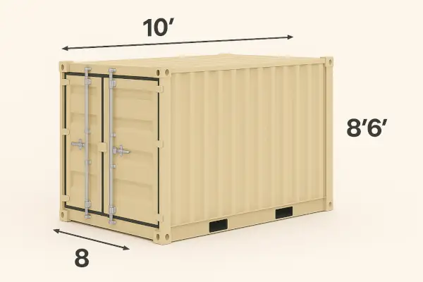 A clean, new-looking 10-foot container neatly placed in a residential backyard
