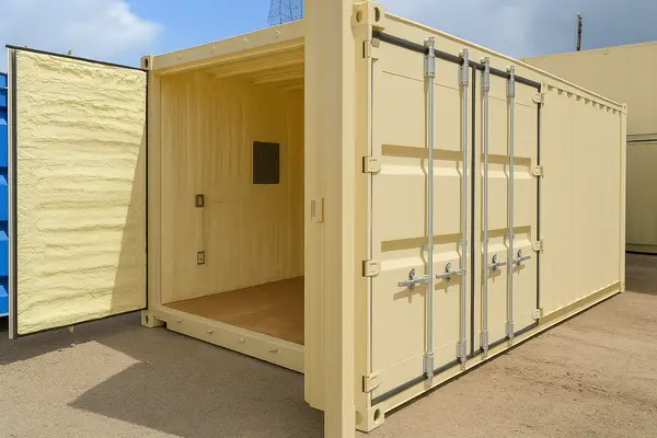 Container with spray foam insulation
