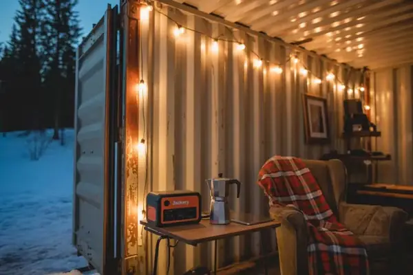 Container with electrical wiring and lighting fixtures
